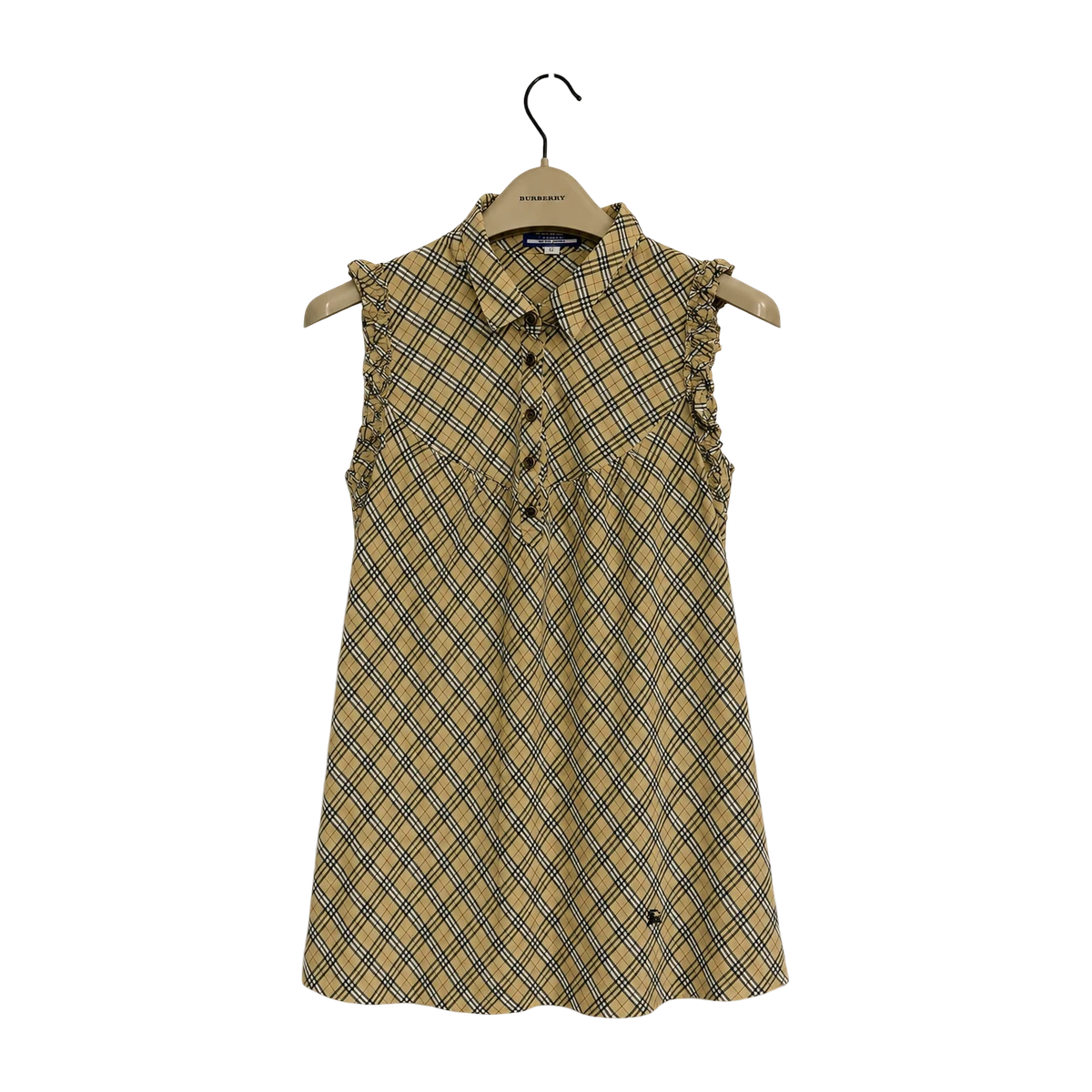Burberry Blue Label Ruffle Trim Check Rayon Blend Sleeveless Shirt