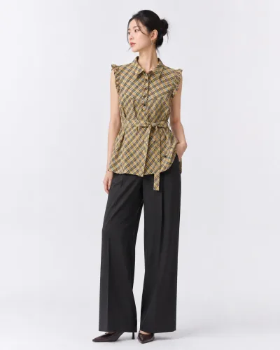 Burberry Blue Label Ruffle Trim Check Rayon Blend Sleeveless Shirt — thumbnail 2